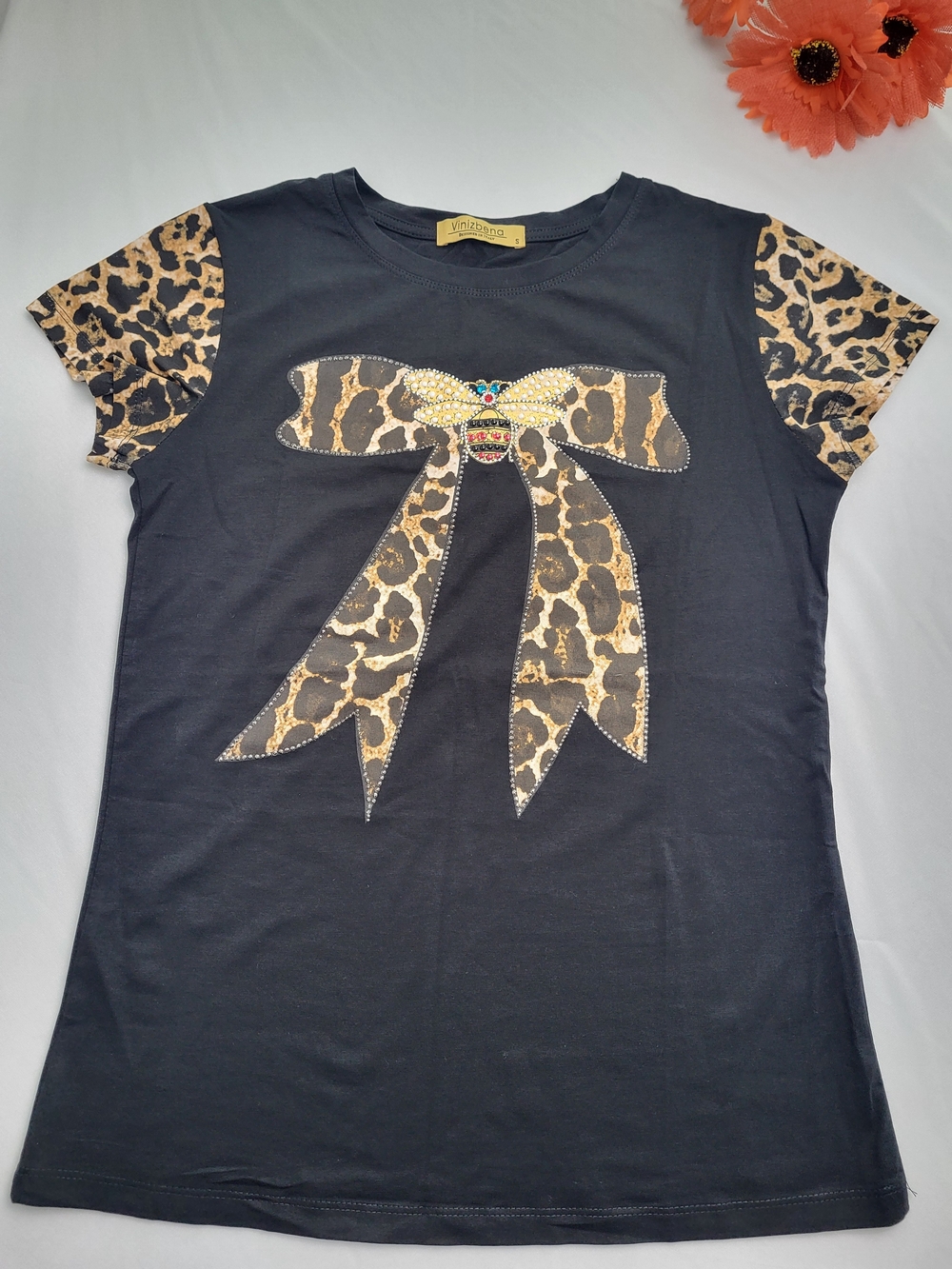 Vinizbena Black Tee with Leopard Bow Detail, Size S